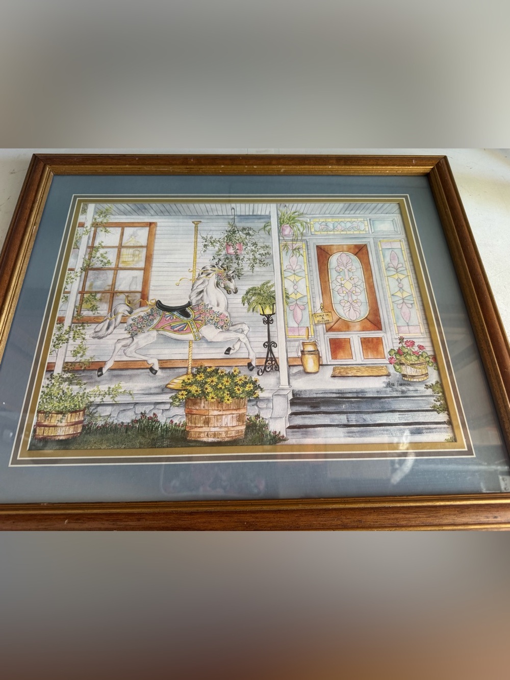 Ann Freeman Carousel Horse Porch Wall Art in Pastel Colors/ Nursery Baby Theme